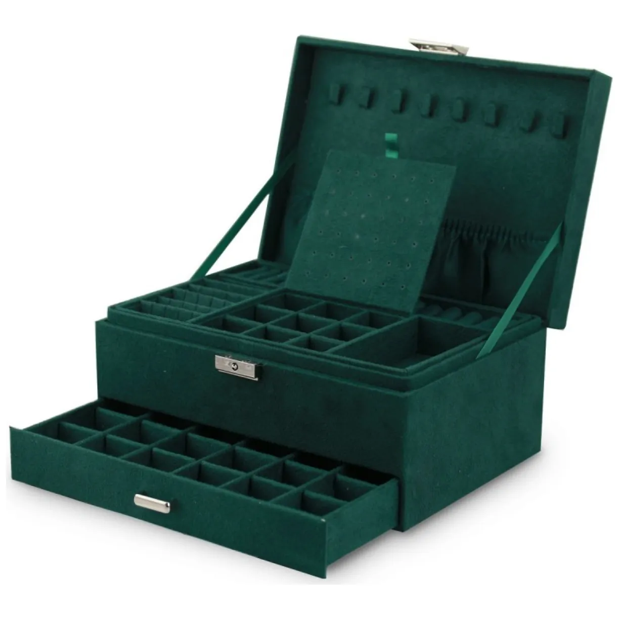 Elegancka szkatułka kuferek na biżuterię organizer butelkowa zieleń zamsz - obrazek 4