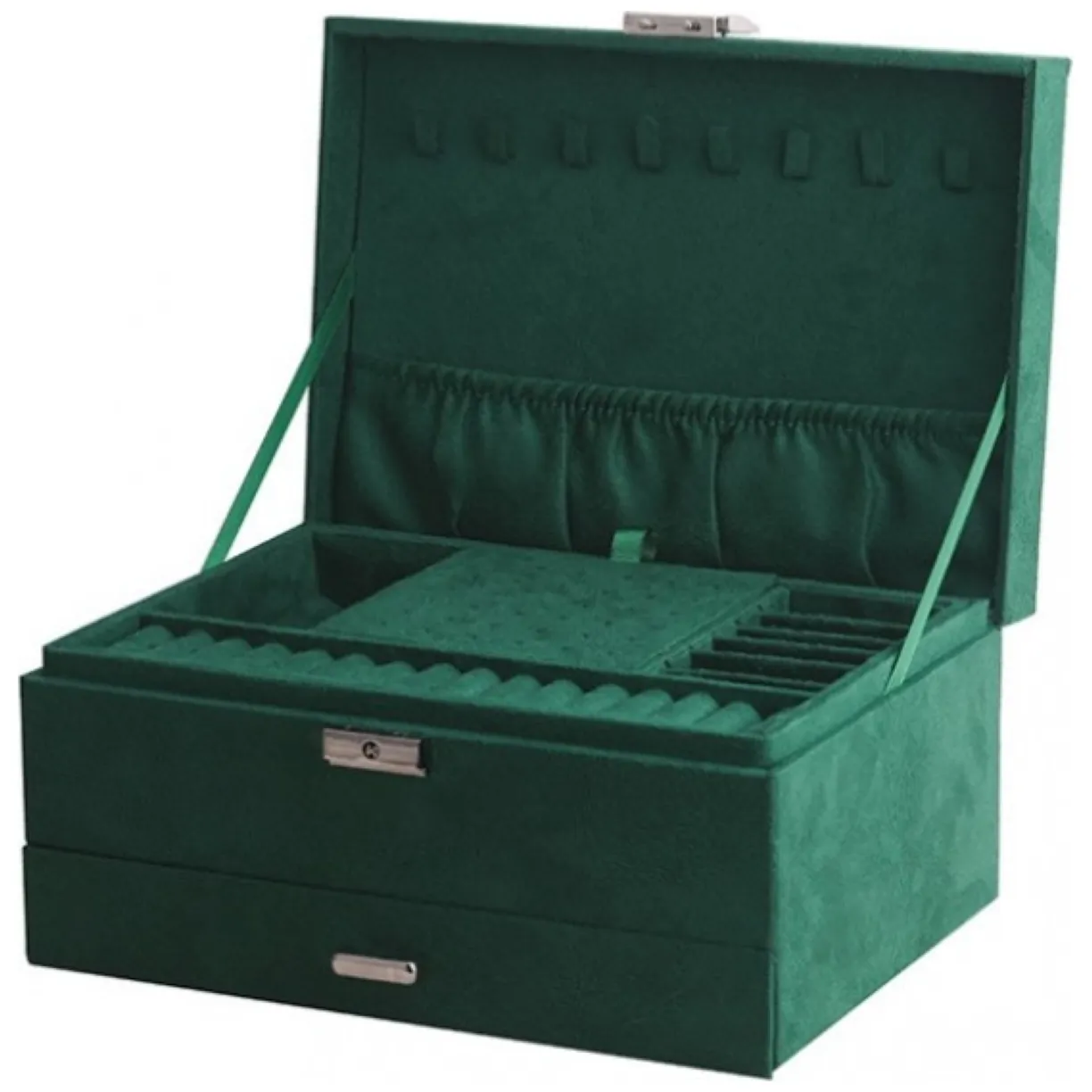 Elegancka szkatułka kuferek na biżuterię organizer butelkowa zieleń zamsz - obrazek 5