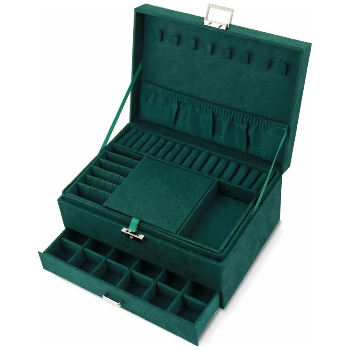 Elegancka szkatułka kuferek na biżuterię organizer butelkowa zieleń zamsz - obrazek 6