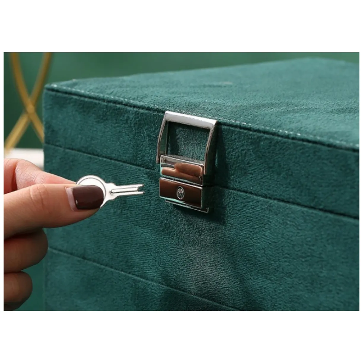 Elegancka szkatułka kuferek na biżuterię organizer butelkowa zieleń zamsz - obrazek 9