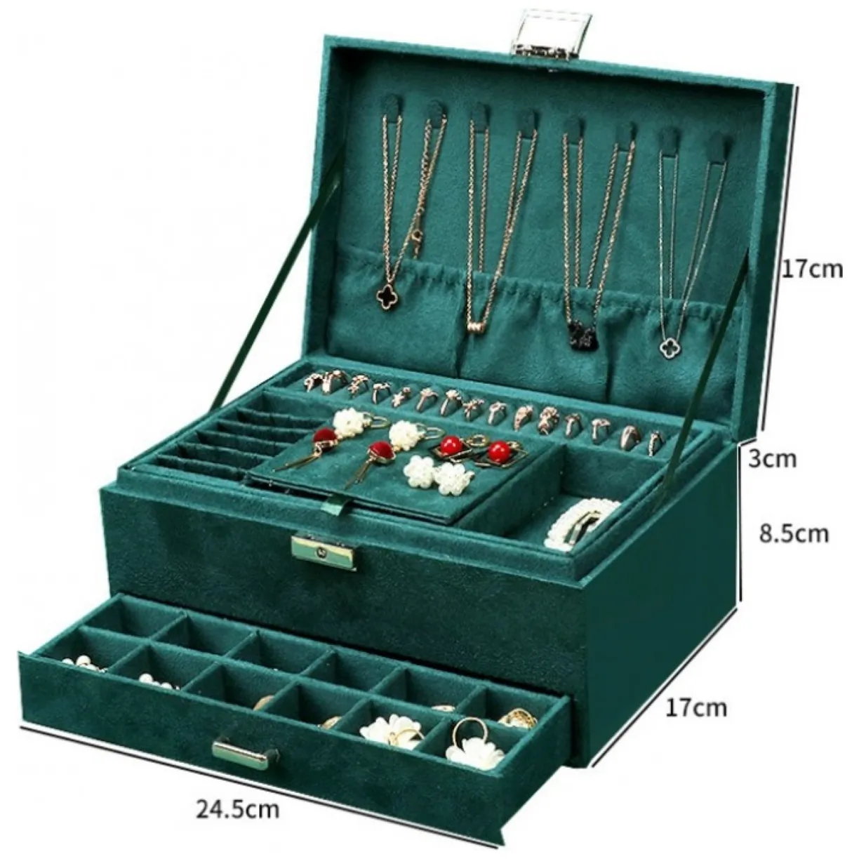 Elegancka szkatułka kuferek na biżuterię organizer butelkowa zieleń zamsz - obrazek 10