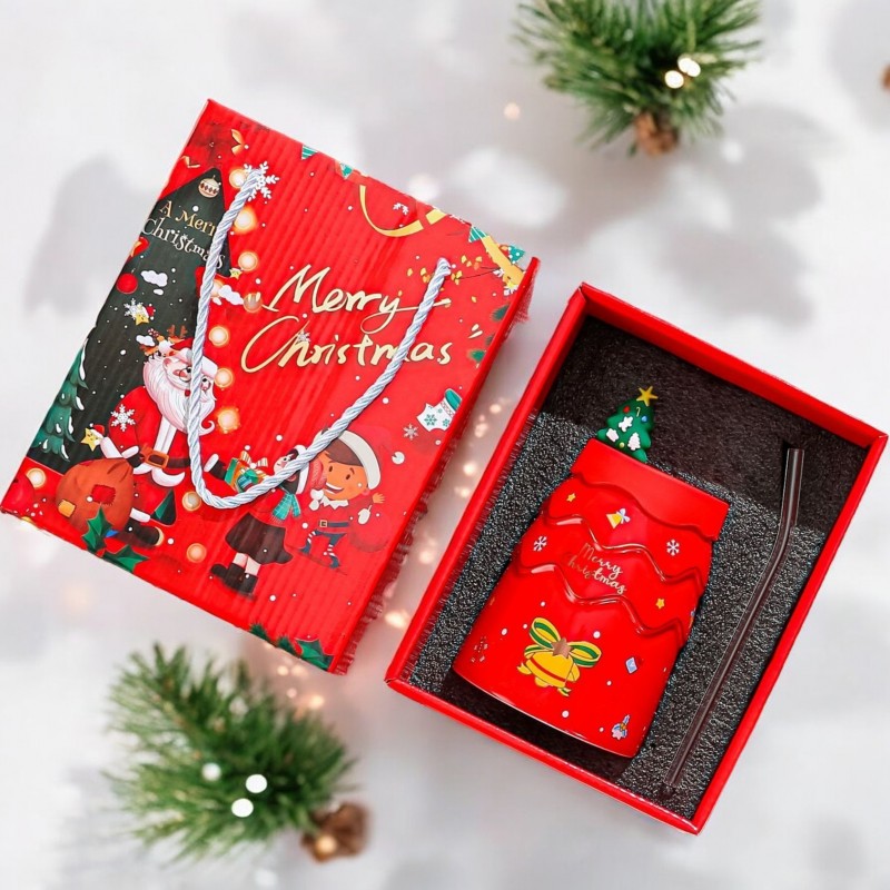 KUBEK ŚWIĄTECZNY - zestaw z silikonową pokrywką i rurką 400ml, czerwony KB06CZE - obrazek 2