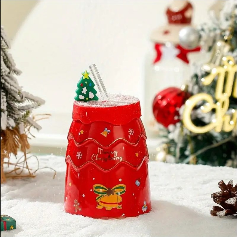 KUBEK ŚWIĄTECZNY - zestaw z silikonową pokrywką i rurką 400ml, czerwony KB06CZE - obrazek 3