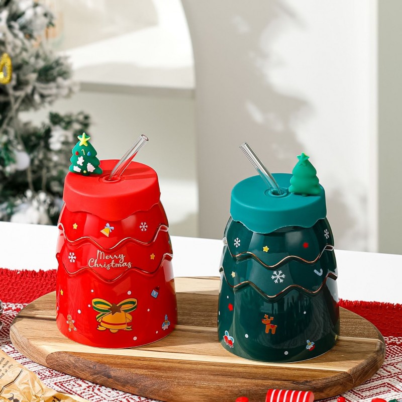 KUBEK ŚWIĄTECZNY - zestaw z silikonową pokrywką i rurką 400ml, czerwony KB06CZE - obrazek 4