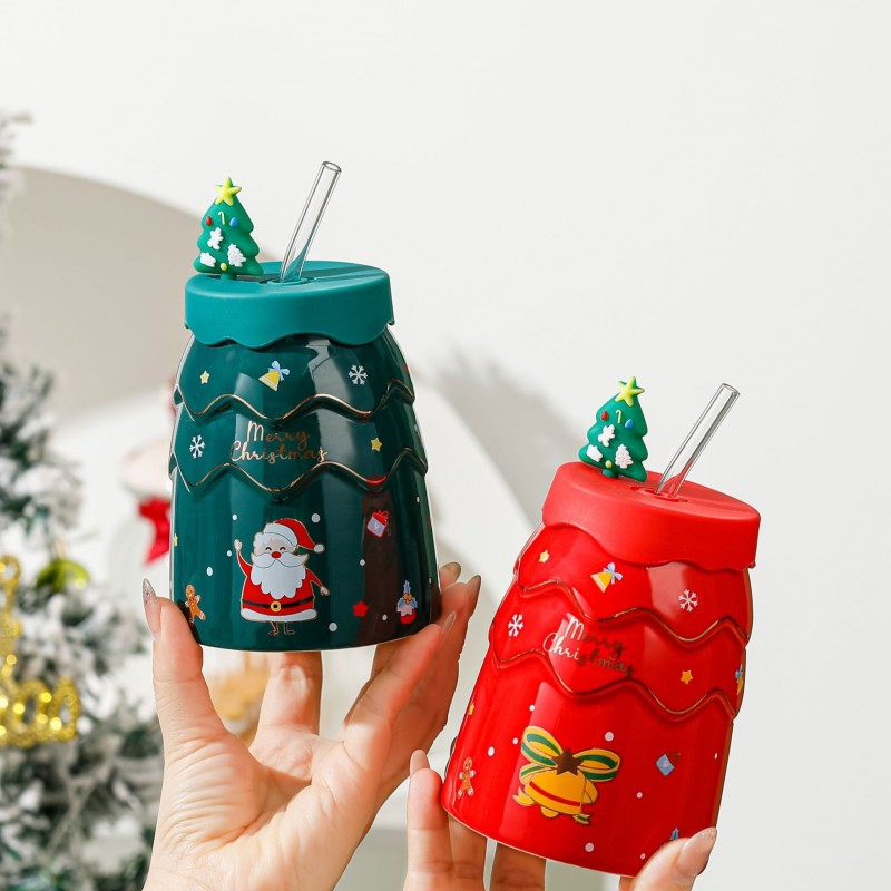 KUBEK ŚWIĄTECZNY - zestaw z silikonową pokrywką i rurką 400ml, czerwony KB06CZE - obrazek 5