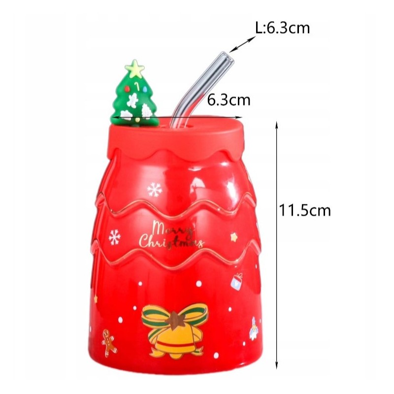 KUBEK ŚWIĄTECZNY - zestaw z silikonową pokrywką i rurką 400ml, czerwony KB06CZE - obrazek 7