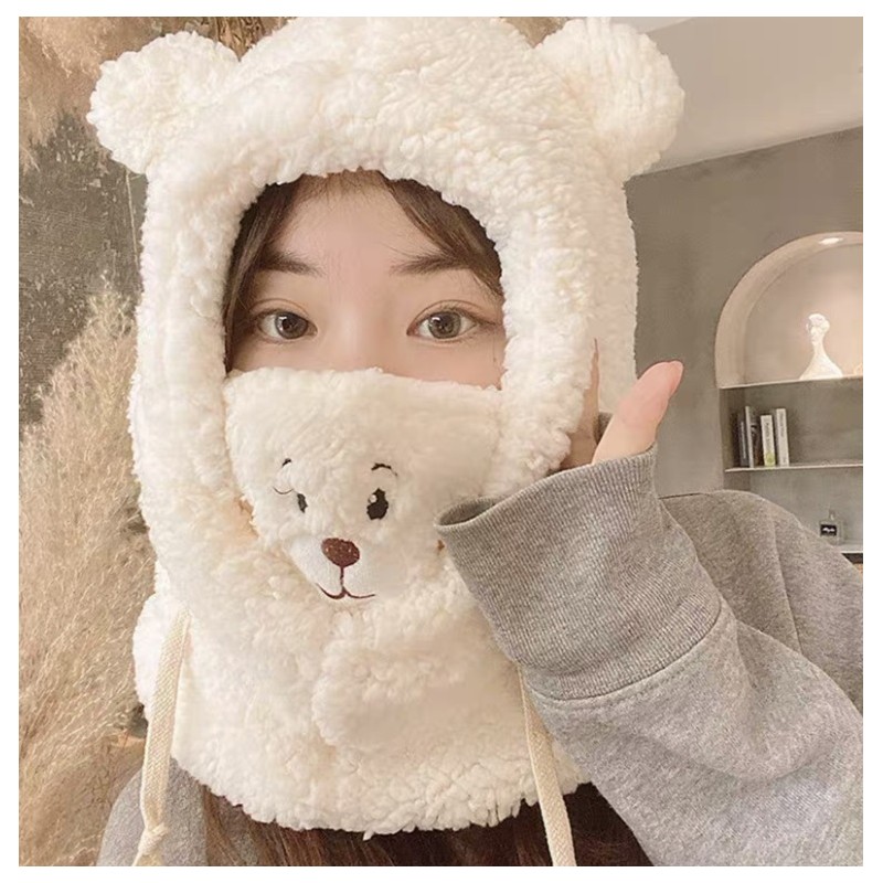 Czapka zimowa pluszowa z uszami misia + komin, 2 w 1 - kremowa CZ34WZ2 - obrazek 2