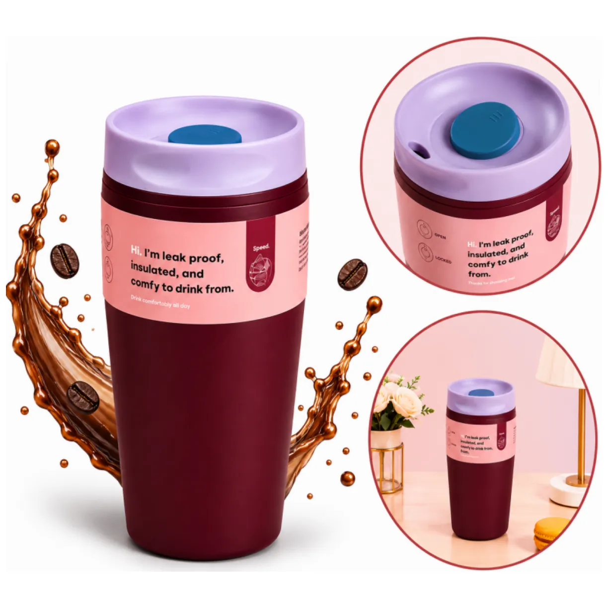 POJEMNY KUBEK TERMICZNY 340 ml TERMOS zamykany, bordowy CUP31