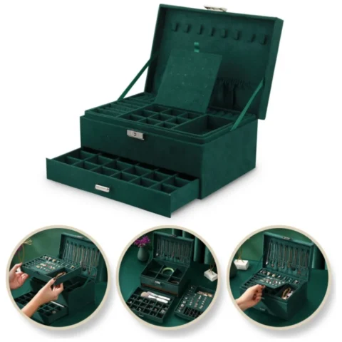 Szkatułka na biżuterię kuferek etui organizer butelkowa zieleń PD119