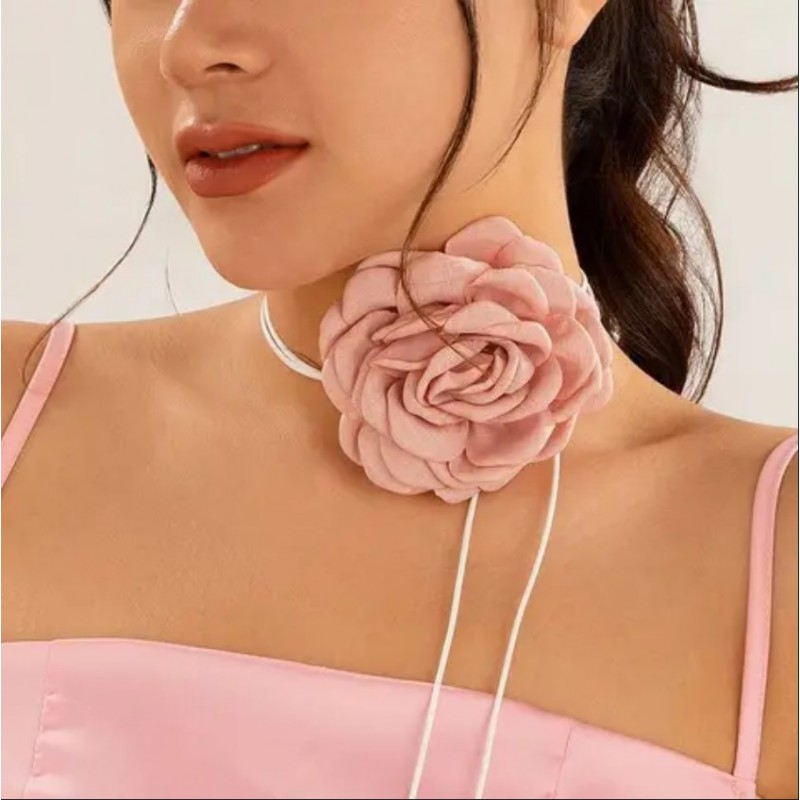 Naszyjnik choker XL ozdobny kwiat na szyję róża na rzemyku elegancka pudrowa N761R - obrazek 4