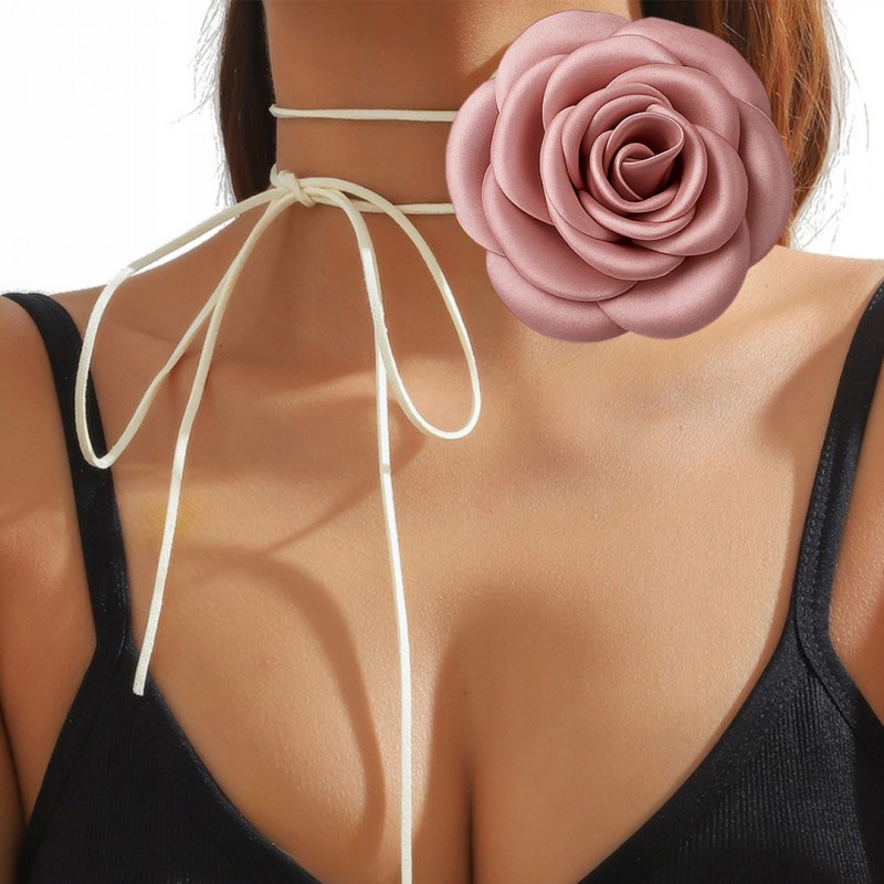 Naszyjnik choker XL ozdobny kwiat na szyję róża na rzemyku elegancka pudrowa N761R - obrazek 5