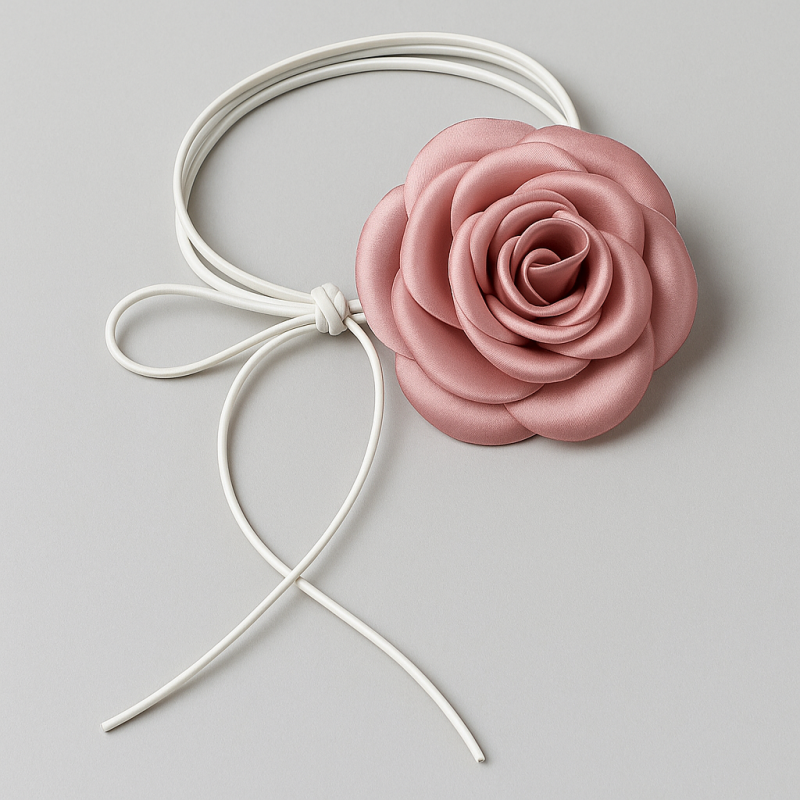 Naszyjnik choker XL ozdobny kwiat na szyję róża na rzemyku elegancka pudrowa N761R