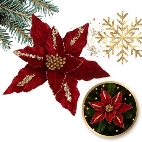 Kwiat na choinkę BOŻE NARODZENIE XXL 26 cm brokat i cekiny, bordowy WOZ47
