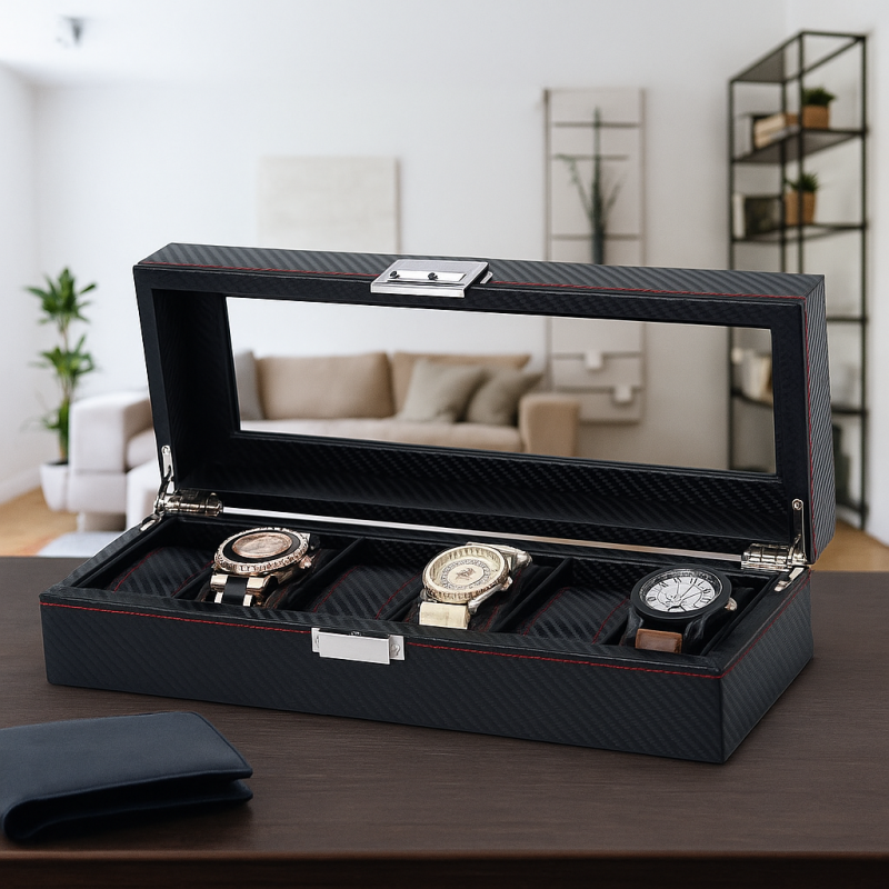 Szkatułka pudełko na zegarki 6szt, etui, Karbon czarny, czerwone przeszycia, szkło PD59 - obrazek 2
