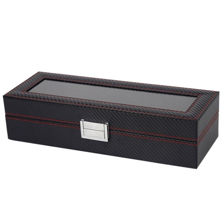 Szkatułka pudełko na zegarki 6szt, etui, Karbon czarny, czerwone przeszycia, szkło PD59 - obrazek 4
