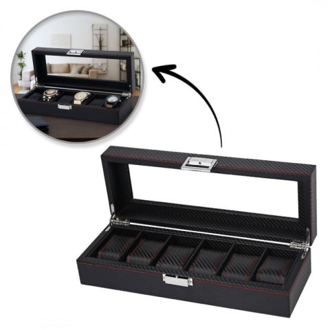 Szkatułka pudełko na zegarki 6szt, etui, Karbon czarny, czerwone przeszycia, szkło PD59