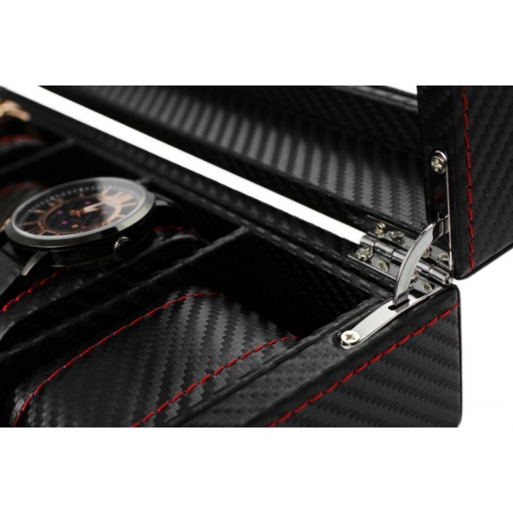 Szkatułka pudełko na zegarki 6szt, etui, Karbon czarny, czerwone przeszycia, szkło PD59 - obrazek 6
