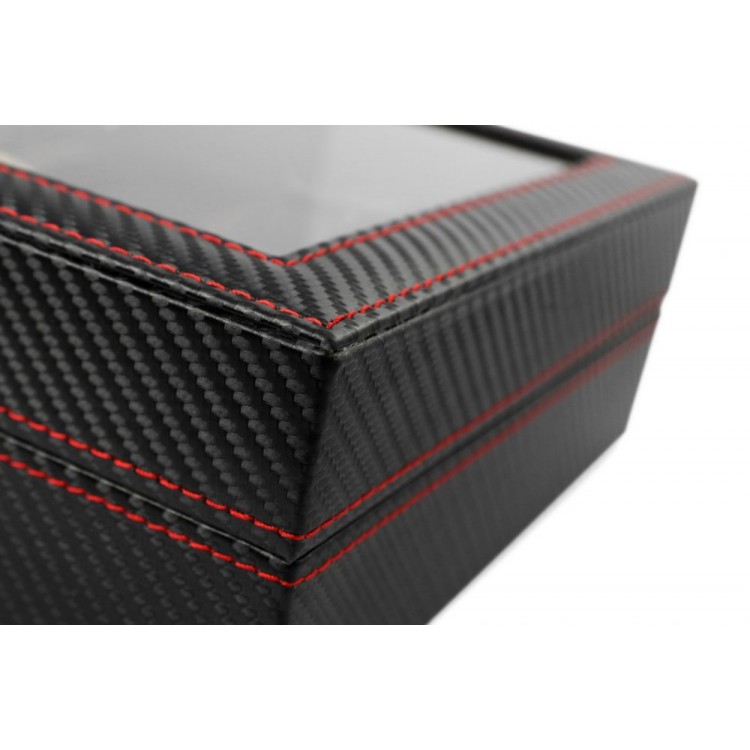 Szkatułka pudełko na zegarki 6szt, etui, Karbon czarny, czerwone przeszycia, szkło PD59 - obrazek 7
