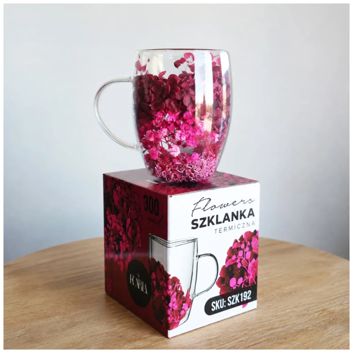 Szklanka termiczna z podwójną ścianką pełna kwiatów 300 ml burgund - obrazek 2