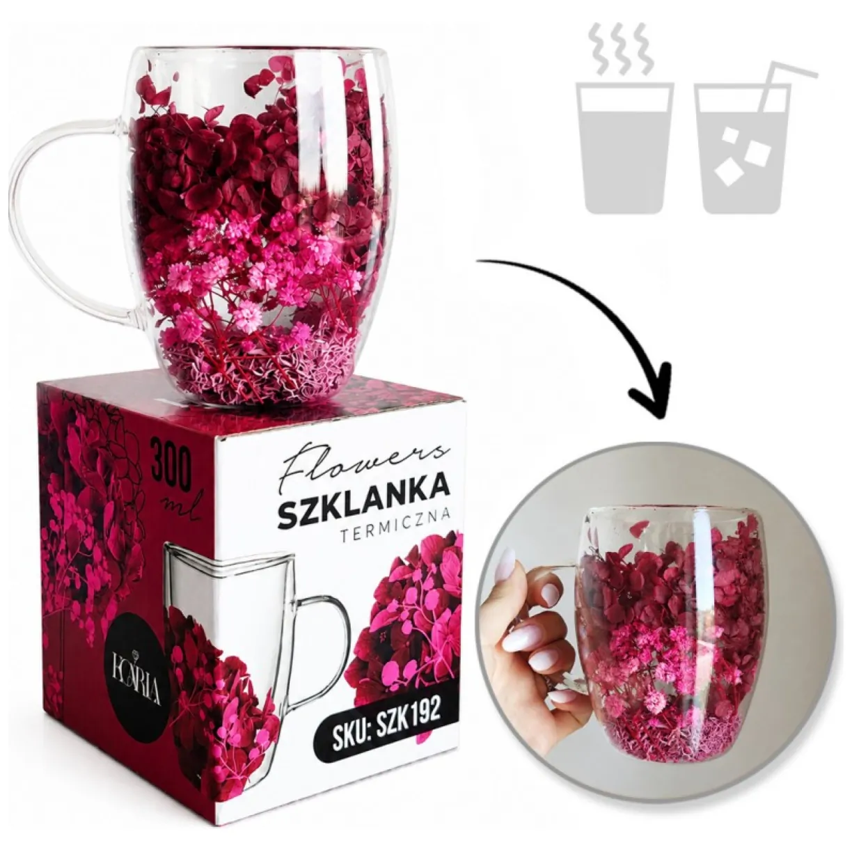 Szklanka termiczna z podwójną ścianką pełna kwiatów 300 ml burgund