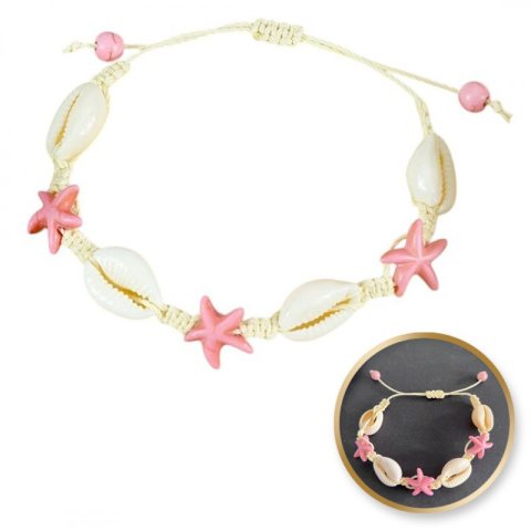 Bransoletka 2w1 na stopę i rękę, na sznurku, MUSZELKI i ROZGWIAZDY B543R