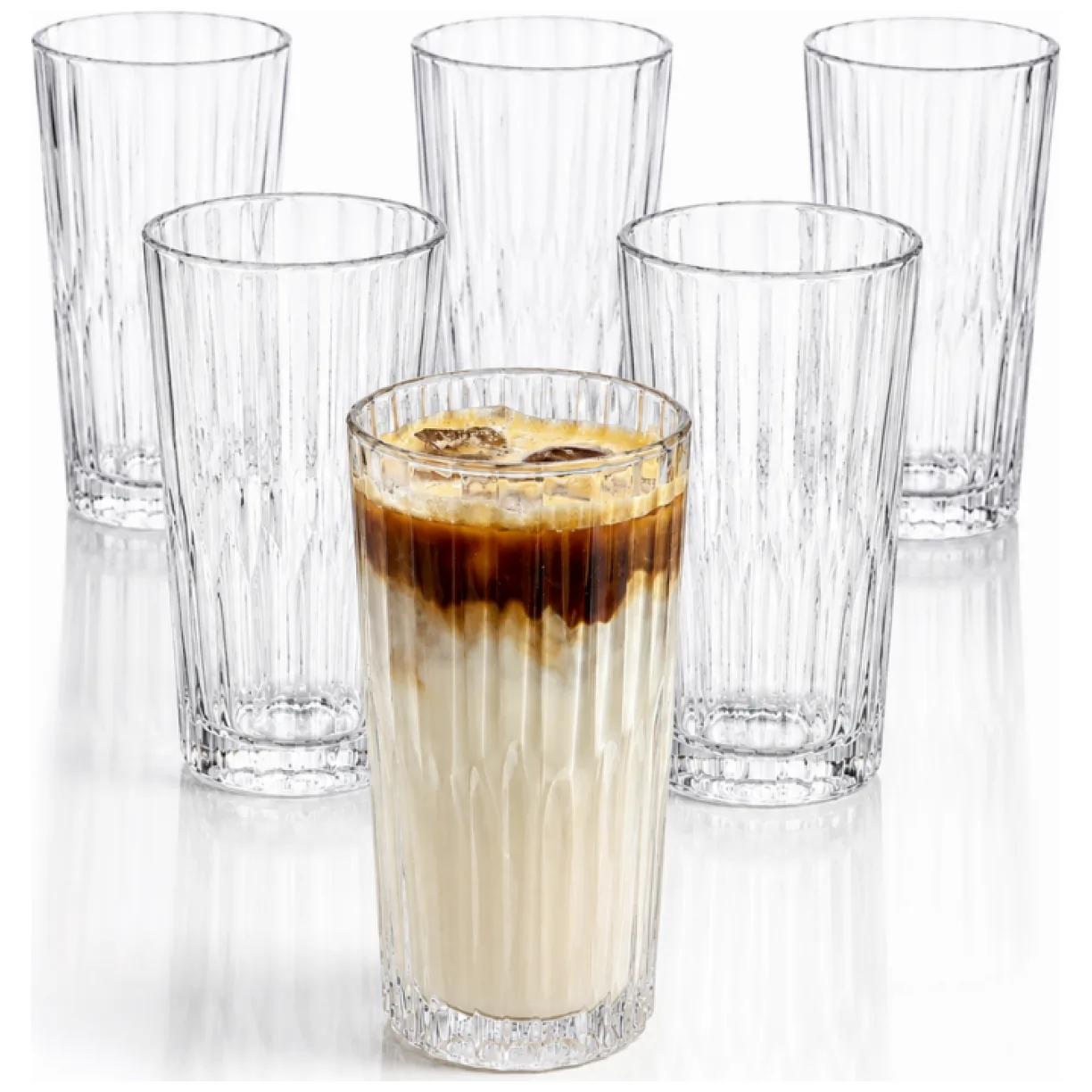 Zestaw 6 szt szklanek ryflowanych do latte, drinków, wysoka, 320ml