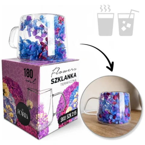 Szklanka termiczna z kwiatami w środku, pełna hortensji, niebieski bordo 180 ml 1szt