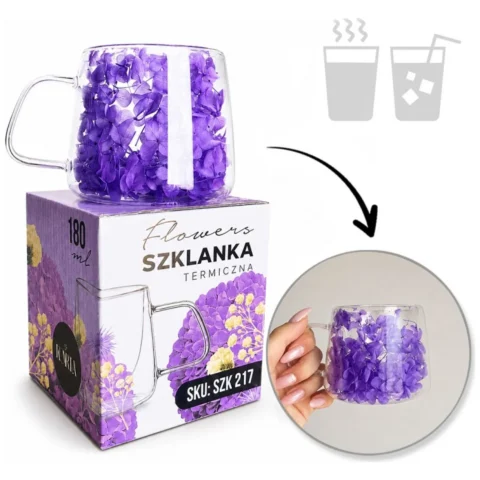 Szklanka termiczna z suszonymi kwiatami hortensji - niebieska dekoracyjna