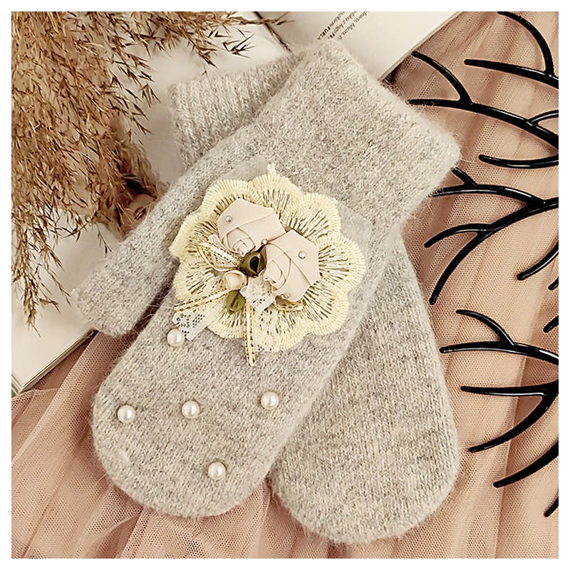 RĘKAWICZKI jednopalczaste CUTE KWIATY I PEREŁKI SZARE REK131 - obrazek 2