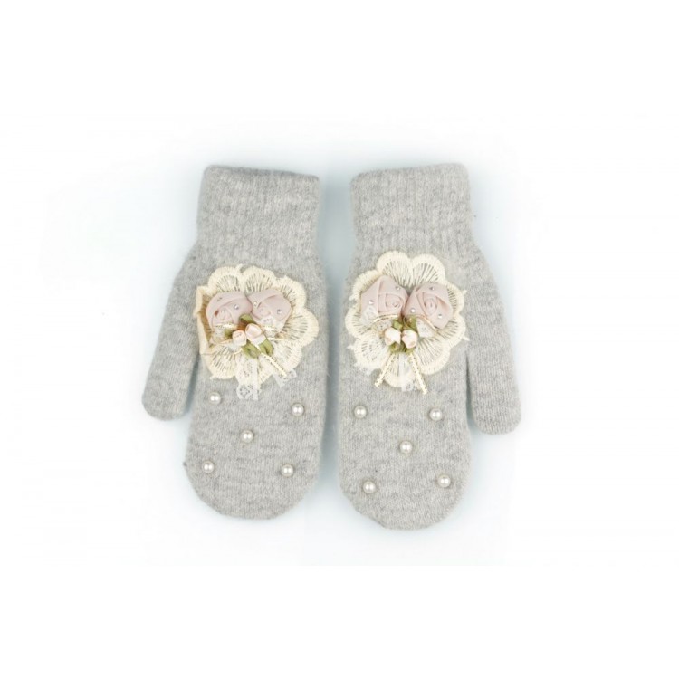 RĘKAWICZKI jednopalczaste CUTE KWIATY I PEREŁKI SZARE REK131 - obrazek 3