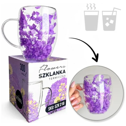 Szklanka termiczna z kwiatami w środku 300ml 1szt, pełna hortensji, niebieska