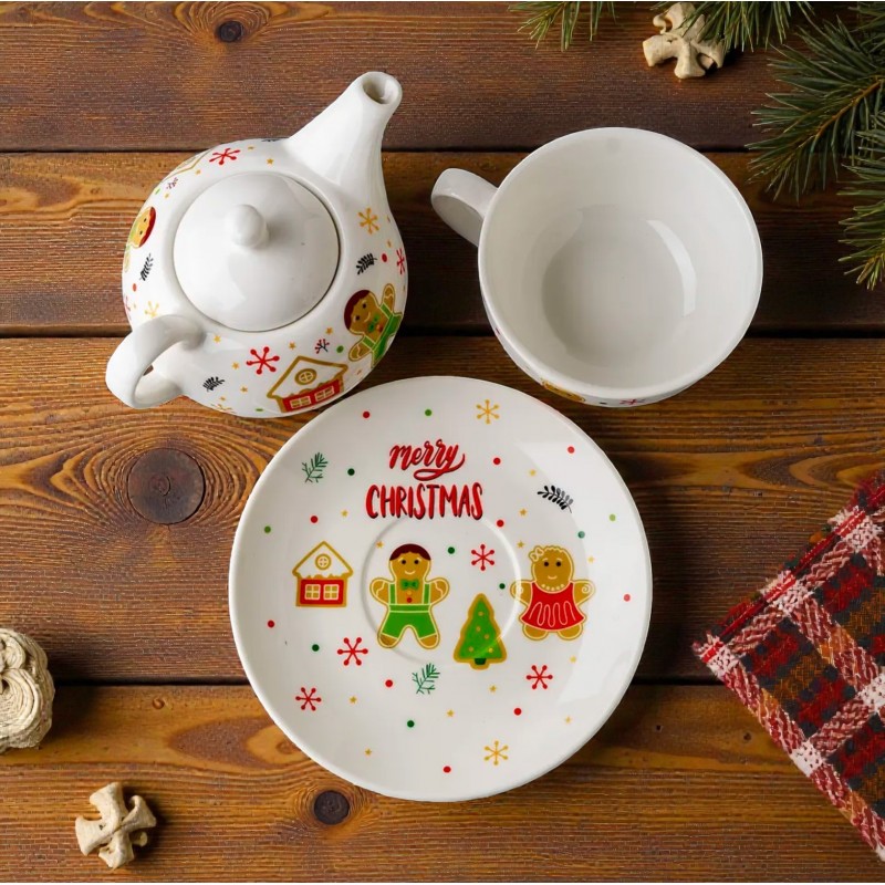 ZESTAW ŚWIĄTECZNY - dzbanek z filiżanką i talerzykiem w ozdobnym pudełku KB26 - obrazek 2