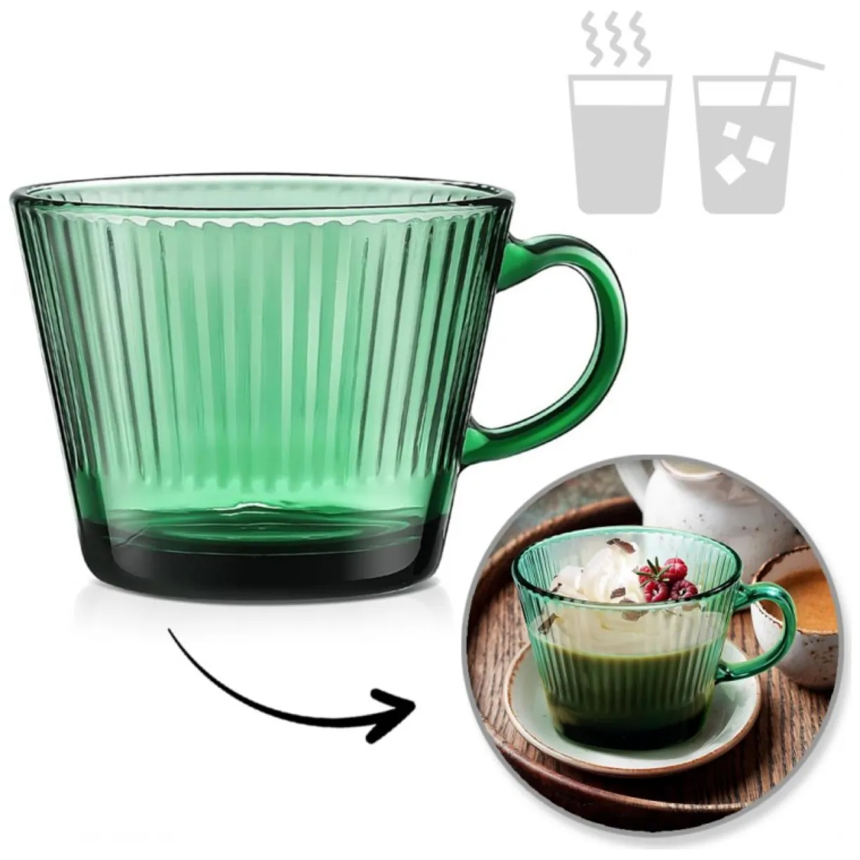 Filiżanka szklanka ryflowana duża butelkowa zieleń 380 ml 1szt SZK178