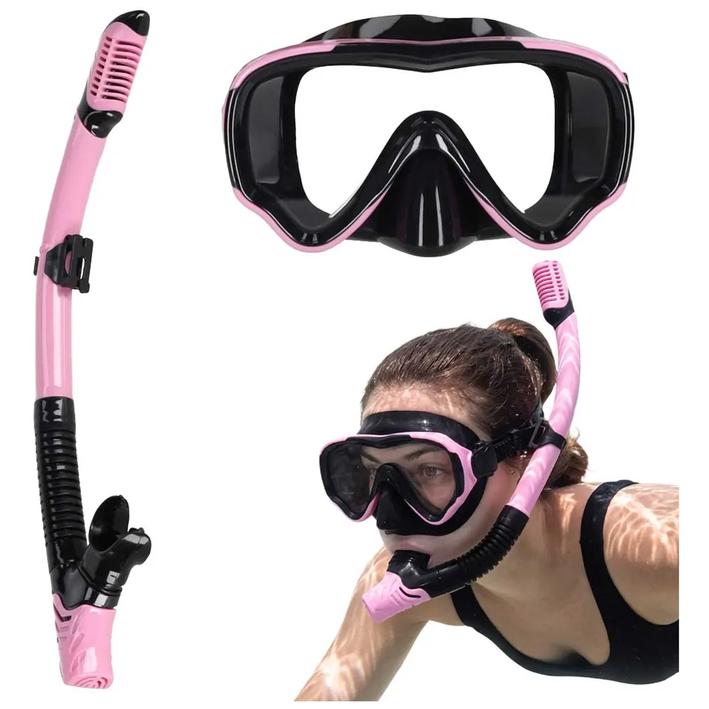 Zestaw do snorkelingu maska panoramiczna z suchą fajką różowo-czarny - obrazek 6