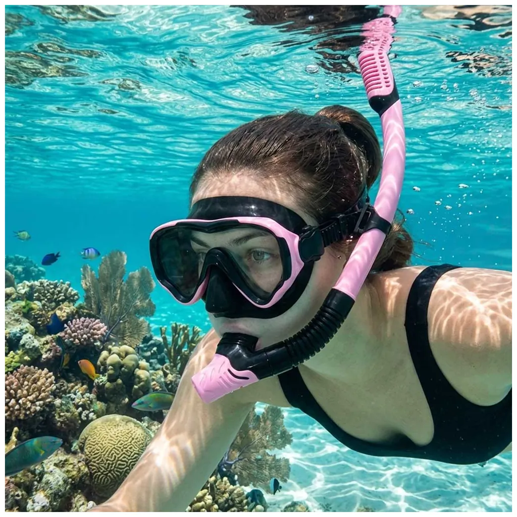 Zestaw do snorkelingu maska panoramiczna z suchą fajką różowo-czarny - obrazek 7