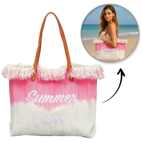 TORBA PLAŻOWA wakacyjna BOHO z frędzlami różowa ombre, na zakupy TP14R