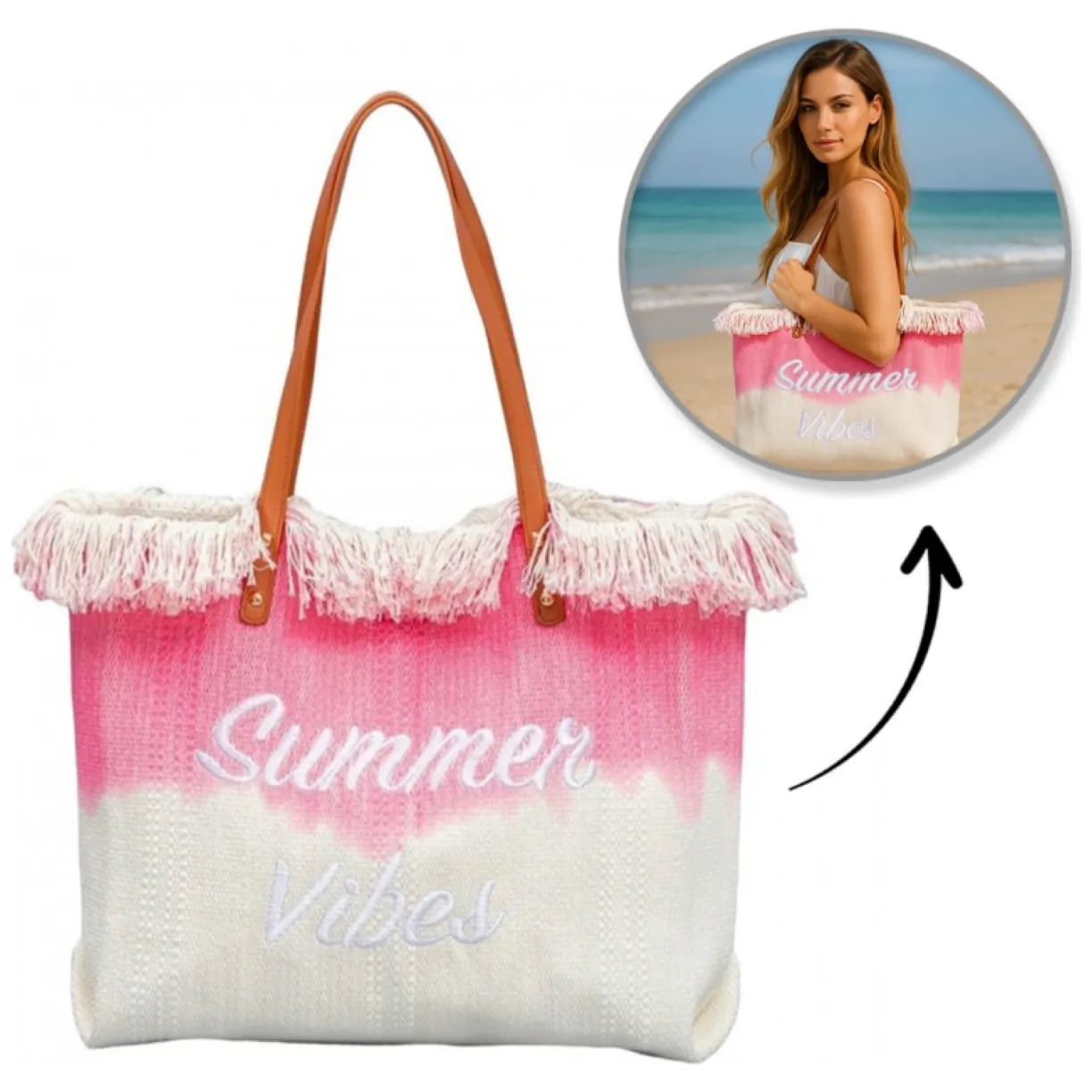 TORBA PLAŻOWA wakacyjna BOHO z frędzlami różowa ombre, na zakupy TP14R