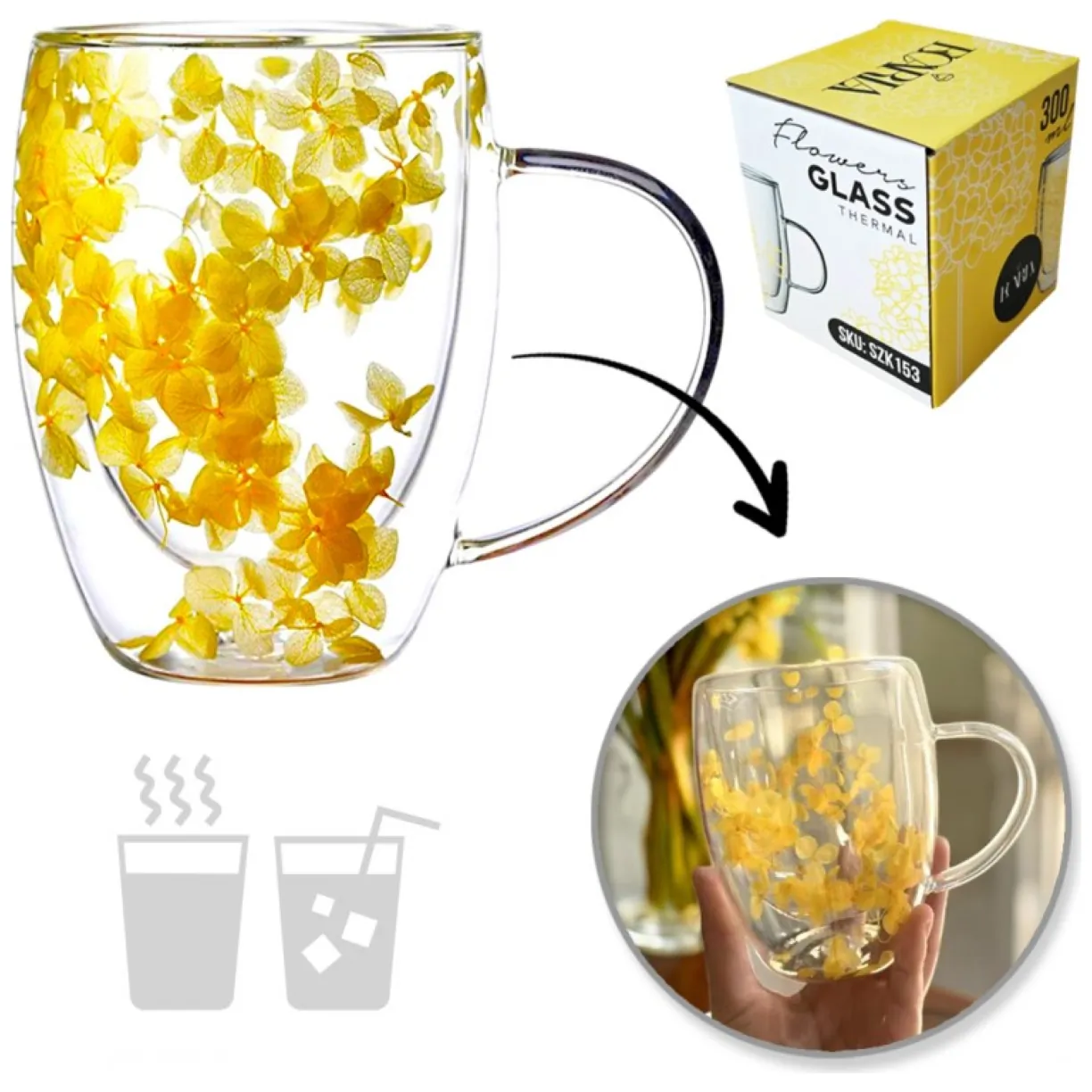 Szklanka termiczna z kwiatami w środku, hortensje 300 ml 1szt SZK153