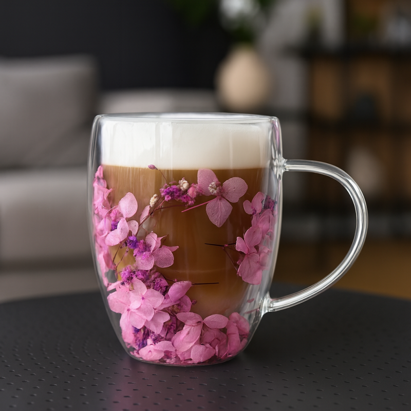 Szklanka termiczna z kwiatami w środku, gipsówka hortensje fiolet, róż 300 ml 1szt SZK201 - obrazek 2