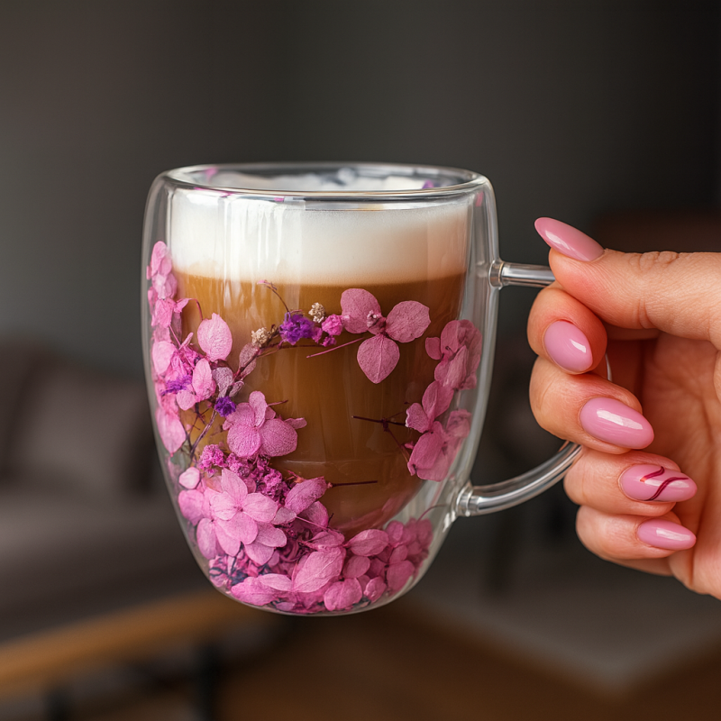 Szklanka termiczna z kwiatami w środku, gipsówka hortensje fiolet, róż 300 ml 1szt SZK201 - obrazek 3