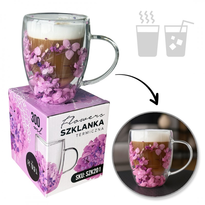 Szklanka termiczna z kwiatami w środku, gipsówka hortensje fiolet, róż 300 ml 1szt SZK201
