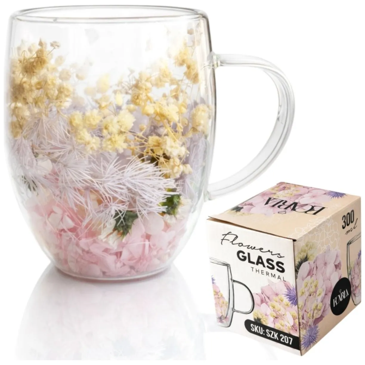 Szklanka termiczna z kwiatami w środku, gipsówka hortensje kolorowe 300 ml 1szt SZK207