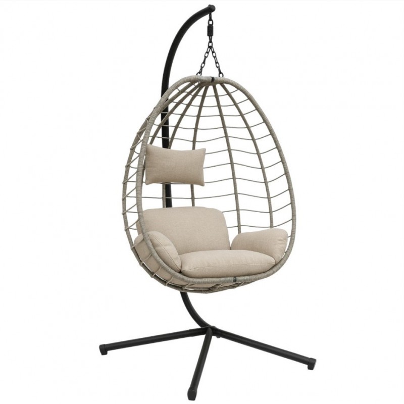 Fotel wiszący huśtawka, kokon składany szary z beżowymi poduszkami KR37SZ - obrazek 3