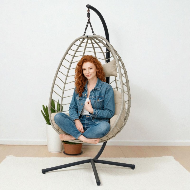 Fotel wiszący huśtawka, kokon składany szary z beżowymi poduszkami KR37SZ - obrazek 4