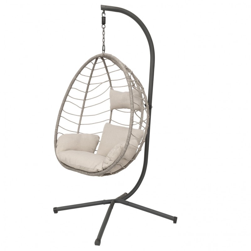 Fotel wiszący huśtawka, kokon składany szary z beżowymi poduszkami KR37SZ - obrazek 5