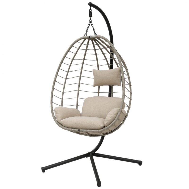 Fotel wiszący huśtawka, kokon składany szary z beżowymi poduszkami KR37SZ - obrazek 6