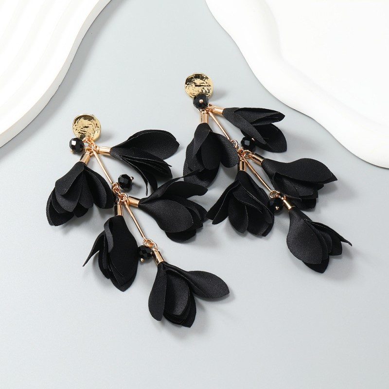 Kolczyki wiszące, efektowne tiulowe kwiat, czarne K1706 - obrazek 2