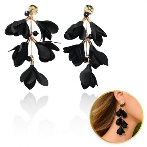 Kolczyki wiszące, efektowne tiulowe kwiat, czarne K1706