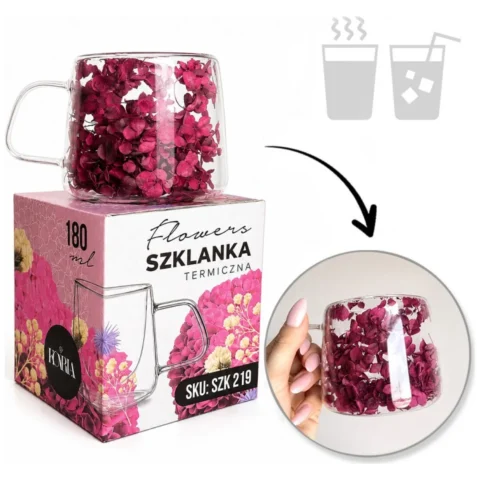 Szklanka termiczna z kwiatami w środku, pełna hortensji, burgund bordo180 ml 1szt