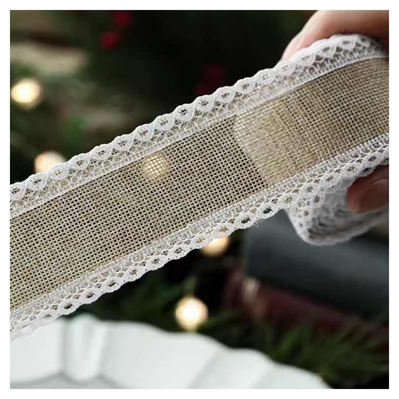 Taśma świąteczna na kokardę, wstążka na prezent Bożonarodzeniowa Beżowa 5cm x 2m KSN129 - obrazek 3